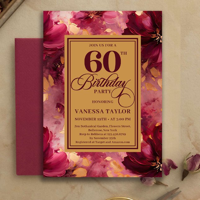 Underbar Burgundy Rosé Guld Stil 60-årsfirande   Inbjudningar (Lovely Burgundy Blush Gold Style 60th Birthday Invitation

)