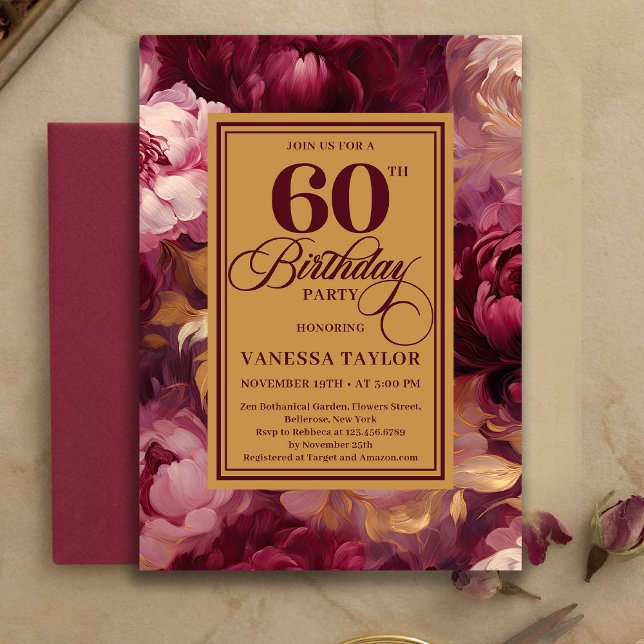 Underbar Burgundy Rosé Guld Stil 60-årsfirande   Inbjudningar (Lovely Burgundy Blush Gold Style 60th Birthday Invitation

)