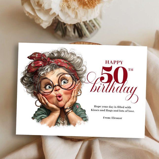 Underbar excentrisk kvinna 50-årsdag humor Gratula Inbjudningar (Lovely Whimsical Woman 50th Birthday Humor Greeting Card

)