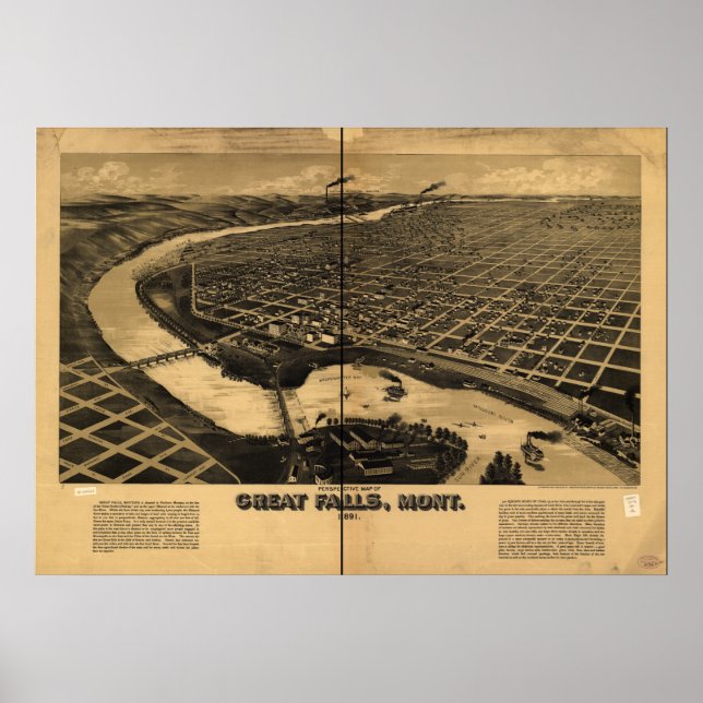 Underbar Falls Montana 1891 Antique Panoramic Kart Poster (Framsidan)