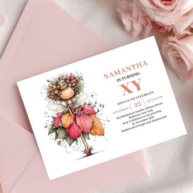 Underbar fe-flicka födelsedags rosafärgad inbjudan (Wonder Fairy Girl Birthday Blush Pink invitation)