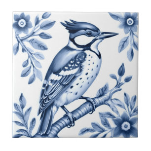 Underbar fläckpecker Bird Delft Blue and White Kakelplatta