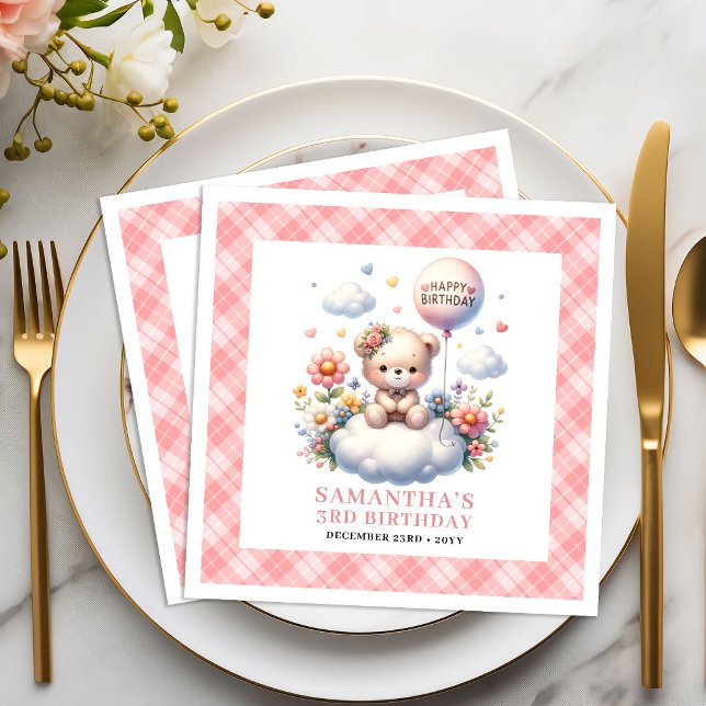 Underbar födelsedagspresent ballong nalle röda ros pappersservett (Lovely teddy bear balloon blush flower birthday napkins

)