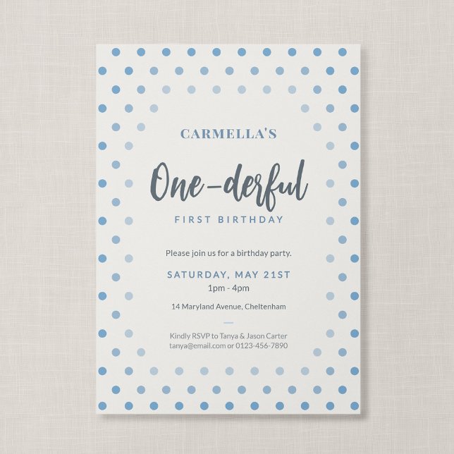 Underbar fransk blå prick ettårsdag inbjudningar ( Blue Polka Dot - One-derful First Birthday Invitation, Front)