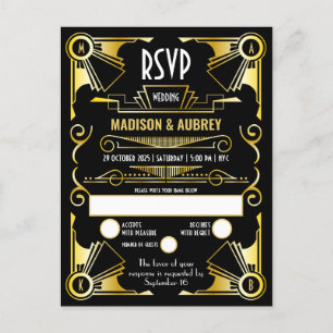 Underbar Gatsby Art Deco Bröllop Guld & Black OSA Inbjudan Vykort