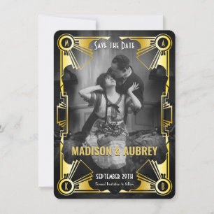 Underbar Gatsby Art Deco Bröllop Guld & Black Phot Spara Datumet