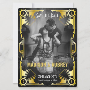 Underbar Gatsby Art Deco Bröllop Guld & Black Phot Spara Datumet