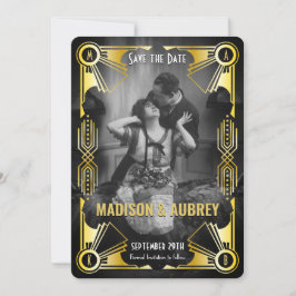 Underbar Gatsby Art Deco Bröllop Guld & Black Phot Spara Datumet