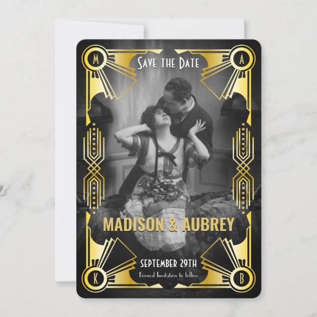 Underbar Gatsby Art Deco Bröllop Guld & Black Phot Spara Datumet (Framsida)