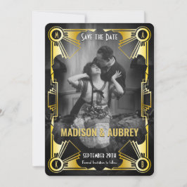 Underbar Gatsby Art Deco Bröllop Guld & Black Phot Spara Datumet