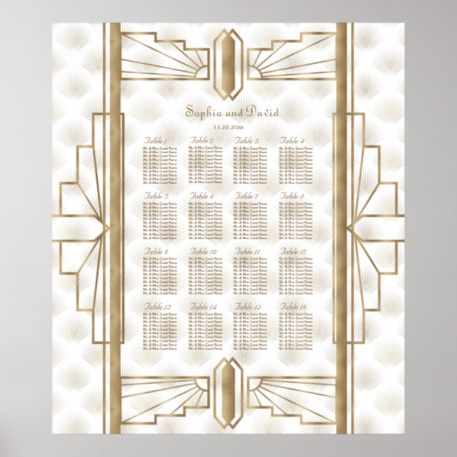 Underbar Gatsby Art Deco Bröllop Sittschemat i gul Poster (Framsidan)