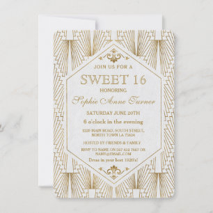 Underbar Gatsby Art Deco Guld White Sweet 16 Inbju Inbjudningar