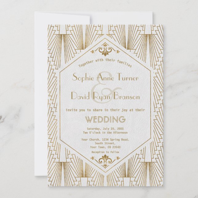 Underbar Gatsby Art Deco Guld White Wedding bjudan Inbjudningar (Framsida)