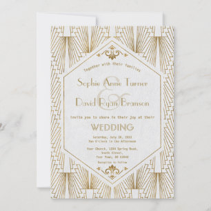 Underbar Gatsby Art Deco Guld White Wedding bjudan Inbjudningar