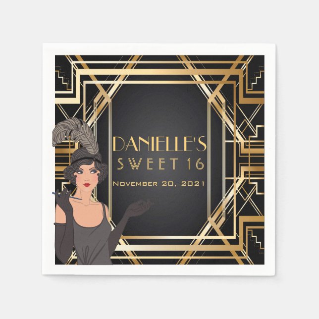 Underbar Gatsby Art Deco Sweet 16 Personlig Napkin Pappersservett (Framsidan)
