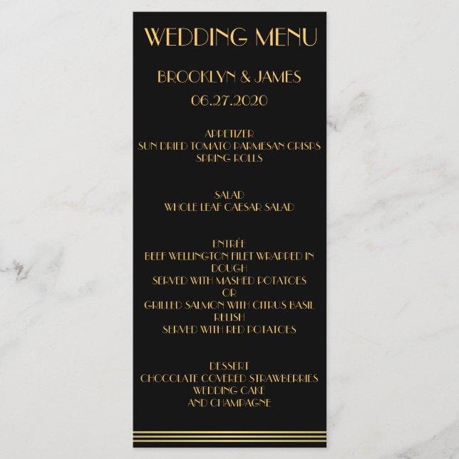 Underbar Gatsby Bröllop Menu-kort i Svarta Guld Meny (Framsida)