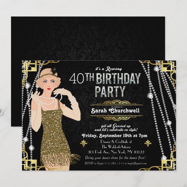 Underbar Gatsby Flapper Girl Birthday-inbjudan Inbjudningar (Fram/baksida)