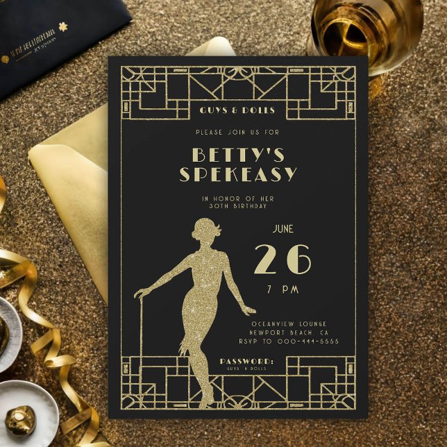 Underbar Gatsby Flapper Roaring 20 Högtalarfödelse Inbjudningar (great gatsby party birthday roaring 20s for women speakeasy flapper gold glitter invitation template)