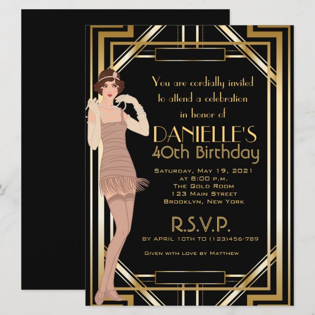 Underbar Gatsby Inspired Art Deco Birthday-inbjuda Inbjudningar (Fram/baksida)