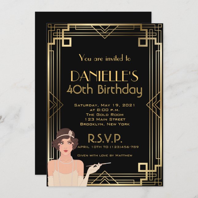 Underbar Gatsby Inspired Art Deco Birthday-inbjuda Inbjudningar (Fram/baksida)