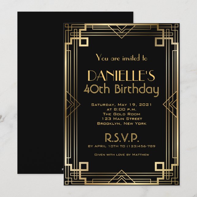 Underbar Gatsby Inspired Art Deco Birthday-inbjuda Inbjudningar (Fram/baksida)