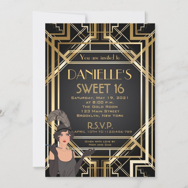 Underbar Gatsby Inspired Art Deco Sweet 16-inbjuda Inbjudningar (Framsida)