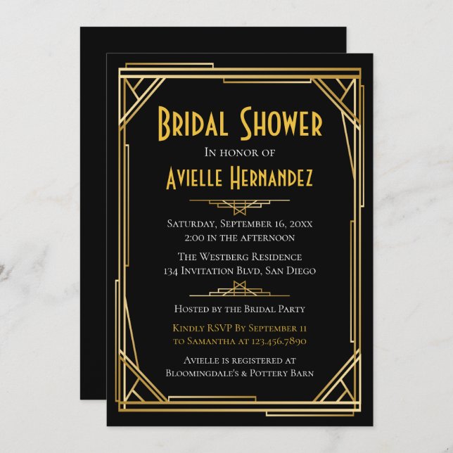 Underbar Gatsby Möhippa Guld & Black Bröllop Inbjudningar (Fram/baksida)