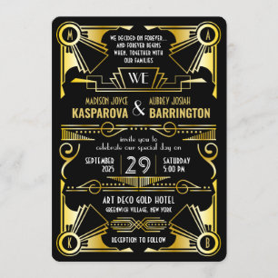 Underbar Gatsby Ornate Guld & Black Art Deco Bröll Inbjudningar