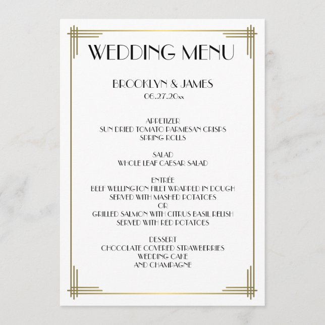Underbar Gatsby White Art Deco Bröllop Menu Meny (Framsida)