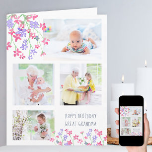 Underbar Grandma 4 Photo Ditsy Rosa Flowers Birthd Kort