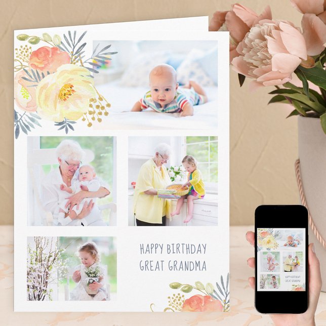 Underbar Grandma 4 Photo Peach Gult Blommigt Birth Kort (Skapare uppladdad)