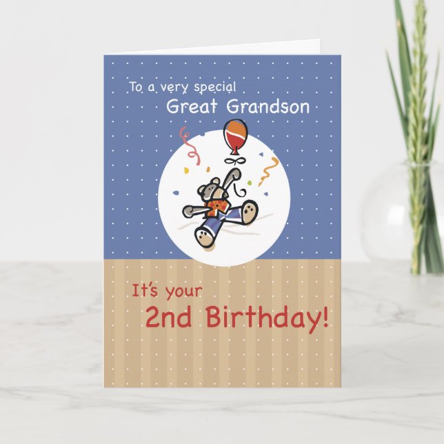 Underbar Grandson 2:a Nallen Balloon Birthday Kort (Framsida)