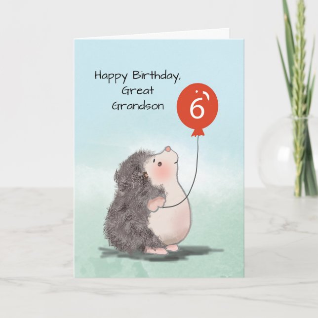 Underbar Grandson 6e Birthday Cute Hedgehog Balloo Kort (Framsida)