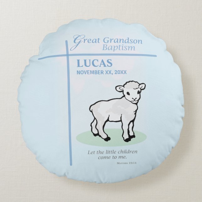 Underbar Grandson Baptism Blue Lamb-Personlig Rund Kudde (Framsidan)
