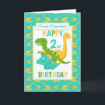 Underbar Grandson Dinosaur 2nd Birthday Blue Kort<br><div class="desc">Ett andra födelsedagskort i roligt för din underbara barnson. Det här lysande första födelsedagskortet har en tecknad grönt T-Rex dinosaur, en gult Brontosaurus och en blå Triceratops, som har en blå och gult dinosauribakgrund En fin söt design för en liten pojke som kommer att vara två år gammal. Du kan...</div>