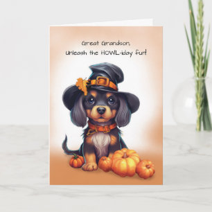 Underbar Grandson Halloween Black Hund Wearing Hat Kort