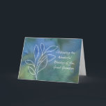 Underbar Grandson Religiösa Birthday Blessings Kort<br><div class="desc">Ett religiösa födelsedagskort för din underbara barnson som tonåring, ung vuxen eller man. Bakgrund i blues och gröntar med flera färgader ger en speciell beröring med grenar och löv i vitt. Låt honom veta att han är en värdefull gåva från Gud och att du tänker på honom på hans födelsedag...</div>