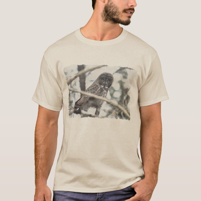 Underbar Grått Uggla med Mouse Wildlife Art T Shirt (Framsida)
