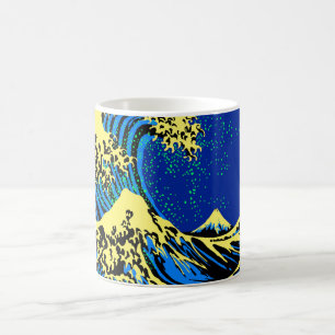 Underbar Hokusai-våg i blå Gult Pop Stil Kaffemugg