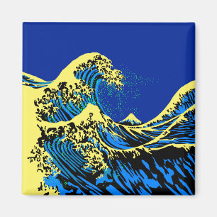 Underbar Hokusai-våg i blå Gult Pop Stil Magnet