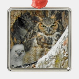 Underbar Horned Uggla med Owlet Julgransprydnad Metall