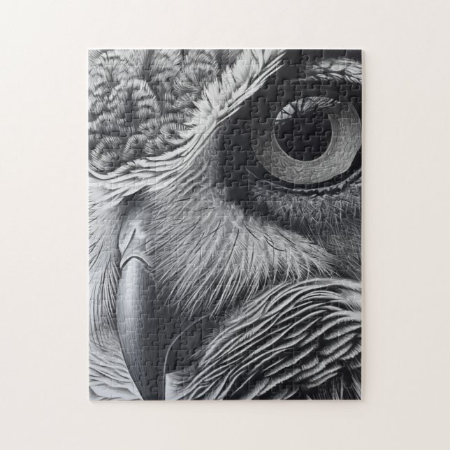 Underbar hornsklubb uggla ansikte med ögon closeup pussel (Vertikal)