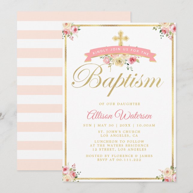underbar inbjudan till blommigt tjej baptism (Fram/baksida)
