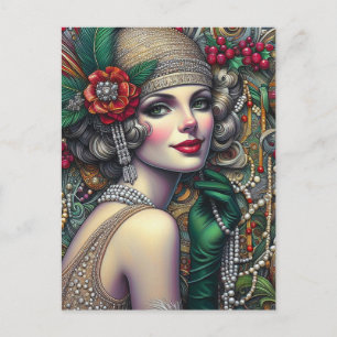Underbar julflapper kvinna i guldkleid vykort