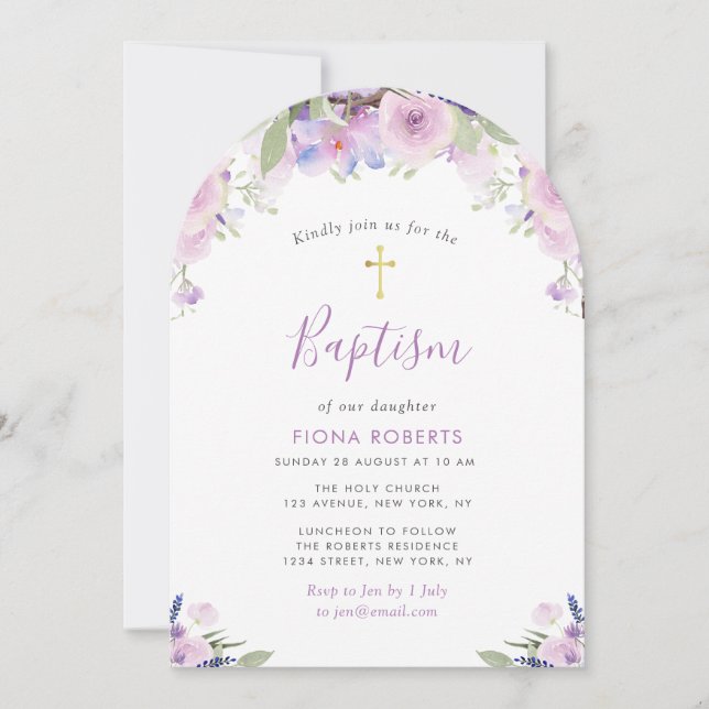 underbar lavender lila blommor baptism inbjudningar (Framsida)