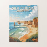 Underbar Ocean Road Australia Travel Art Vintage Pussel<br><div class="desc">Konstruktion av Underbar Ocean Road vetor Art. Underbara Ocean Road är en australisk riksväg längs Australiens södra östra kusten mellan Viktoriska städer i Torquay och Allansford.</div>