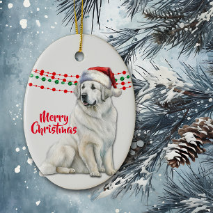 Underbar Pyrenéerna Hund Santa Hat Helgdag Pärlor Julgransprydnad Keramik