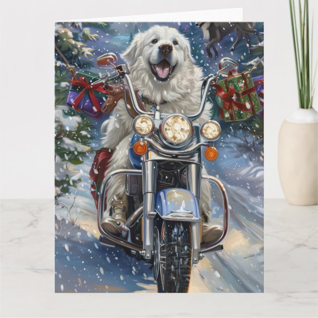 Underbar Pyrenées Hund Riding Motorcle God jul Kort (Framsida)