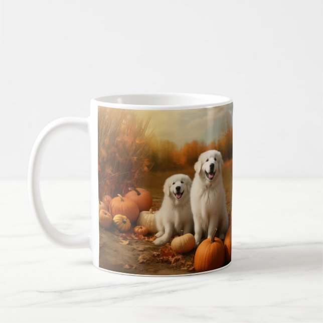 Underbar Pyrenees Puppy Autumn Delight Pumpkin Kaffemugg (Vänster)