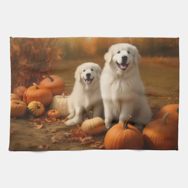 Underbar Pyrenees Puppy Autumn Delight Pumpkin Kökshandduk (Horisontell)
